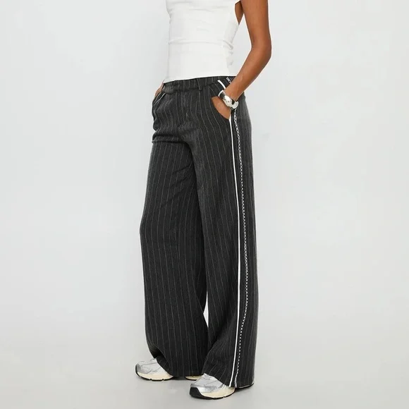 Princess Polly Charcoal Pinstripe Wide Leg Pants - Picture 2 of 4